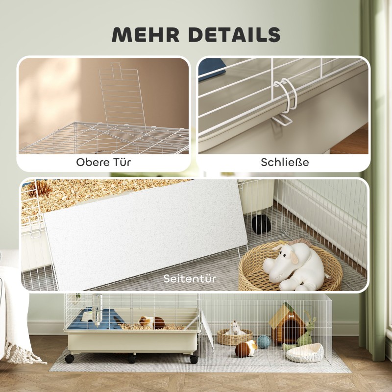 Pieneläinhäkki marsuille ja siileille, kaksitasoinen teräsrakenne, 173 x 88 x 63 cm, valkoinen