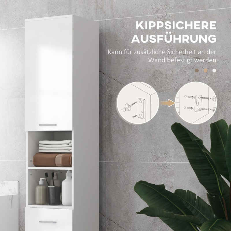 Kylpyhuonekaappi hyllyillä ja laatikolla 30 x 30 x 180 cm melamiinia valkoinen korkeakiilto