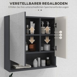 Kylpyhuoneen seinäkaappi peiliovella, säädettävät hyllyt, 55 x 17 x 55 cm, harmaa