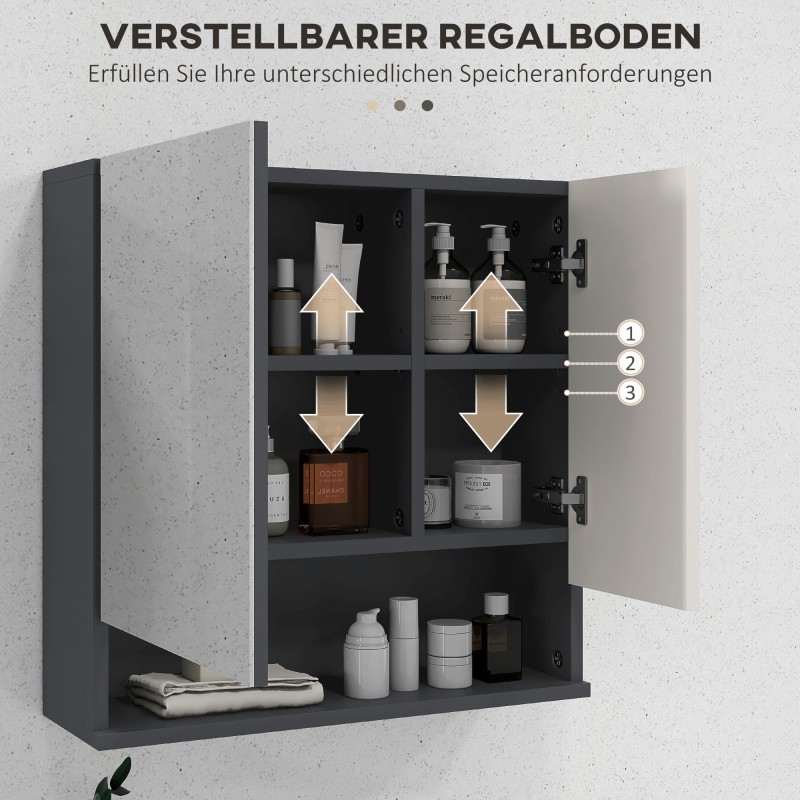 Kylpyhuoneen seinäkaappi peiliovella, säädettävät hyllyt, 55 x 17 x 55 cm, harmaa