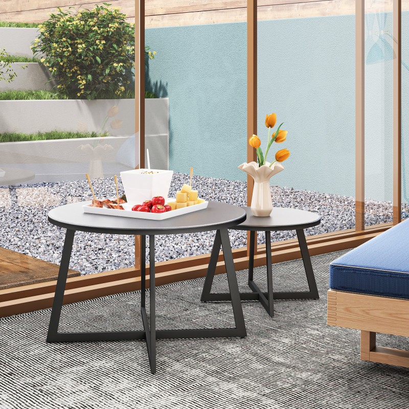 2 kpl pyöreä ulkosivupöytä teräs ja karkaistu lasi Ø70/50 cm musta/harmaa
