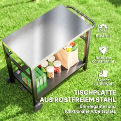 Ulkokeittiön grillaus- ja tarjoiluvaunu, ruostumaton teräs, 2 tasoa, 102 x 56 x 81 cm, tummanharmaa/hopea