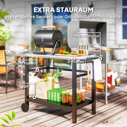 Ulkokeittiön grillaus- ja tarjoiluvaunu, ruostumaton teräs, 2 tasoa, 102 x 56 x 81 cm, tummanharmaa/hopea