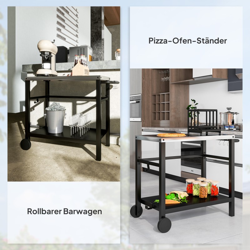 Ulkokeittiön grillaus- ja tarjoiluvaunu, ruostumaton teräs, 2 tasoa, 102 x 56 x 81 cm, tummanharmaa/hopea