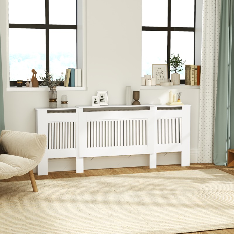 Patterinsuojakotelo lamellidesign MDF 125–201 x 19 x 81,5 cm valkoinen