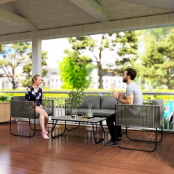 Polyrottinki puutarhakalustesetti ulos, 4 osaa, teräsrunko, lasipöytä, ruskea/tummanharmaa