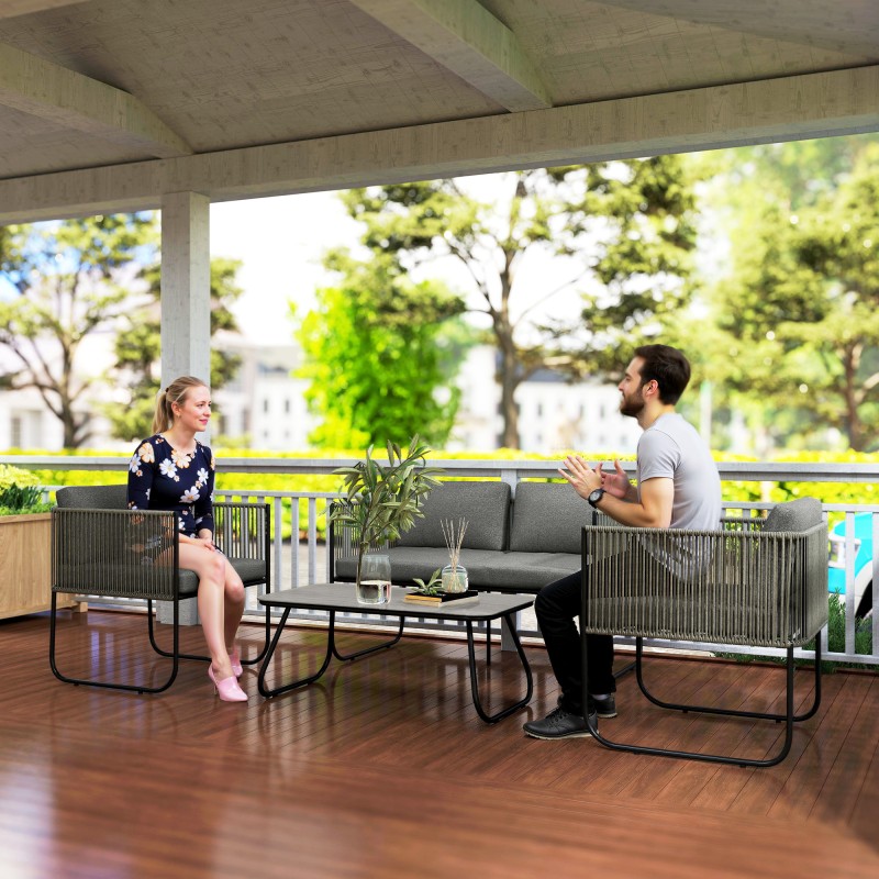 Polyrottinki puutarhakalustesetti ulos, 4 osaa, teräsrunko, lasipöytä, ruskea/tummanharmaa