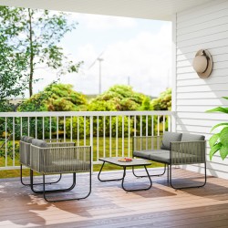 Polyrottinki puutarhakalustesetti ulos, 4 osaa, teräsrunko, lasipöytä, ruskea/tummanharmaa