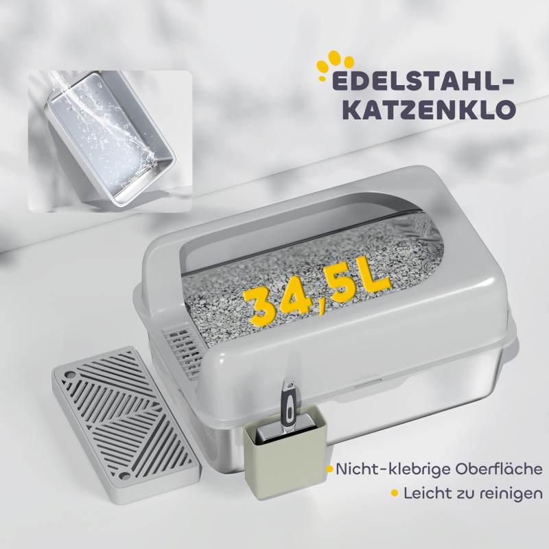 Kissanvessa ruostumatonta terästä korkeilla reunoilla 60×40×29 cm vaaleanharmaa