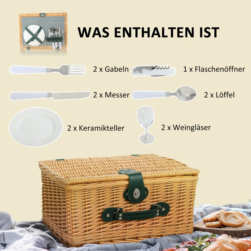 Piknikkori 2 hengelle eristetyllä kylmäosastolla pajua 40×30×20 cm vaaleanruskea