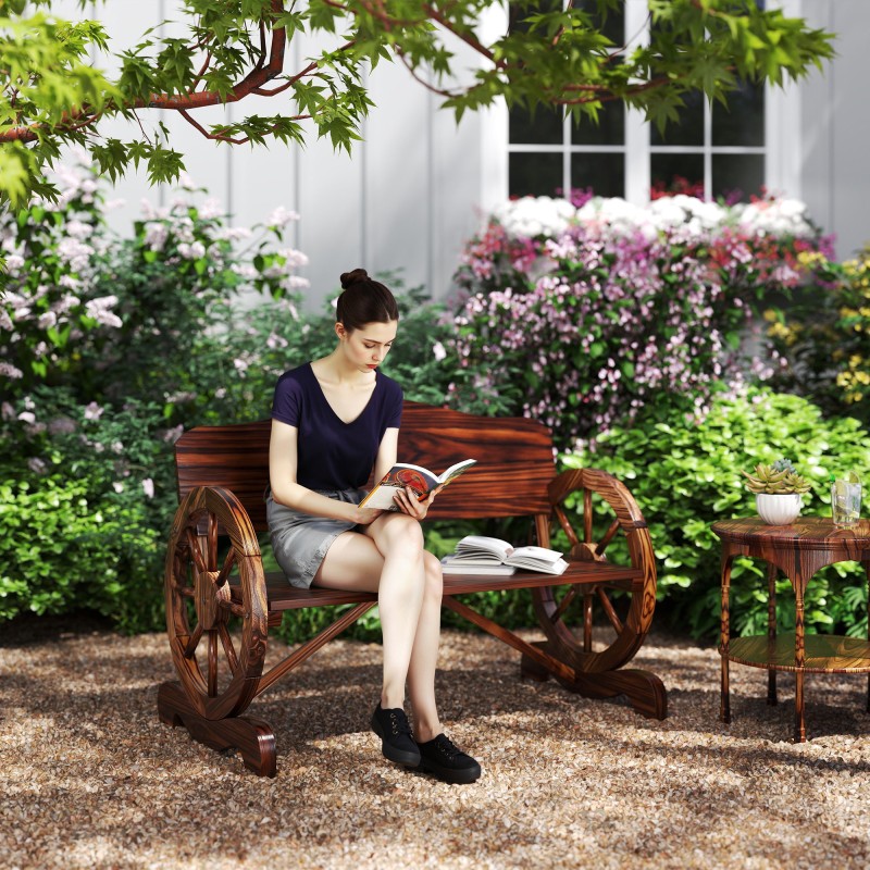 Kahden hengen puinen puutarhapenkki ulkokäyttöön, kuusipuu 110 cm, hiillytetty ruskea