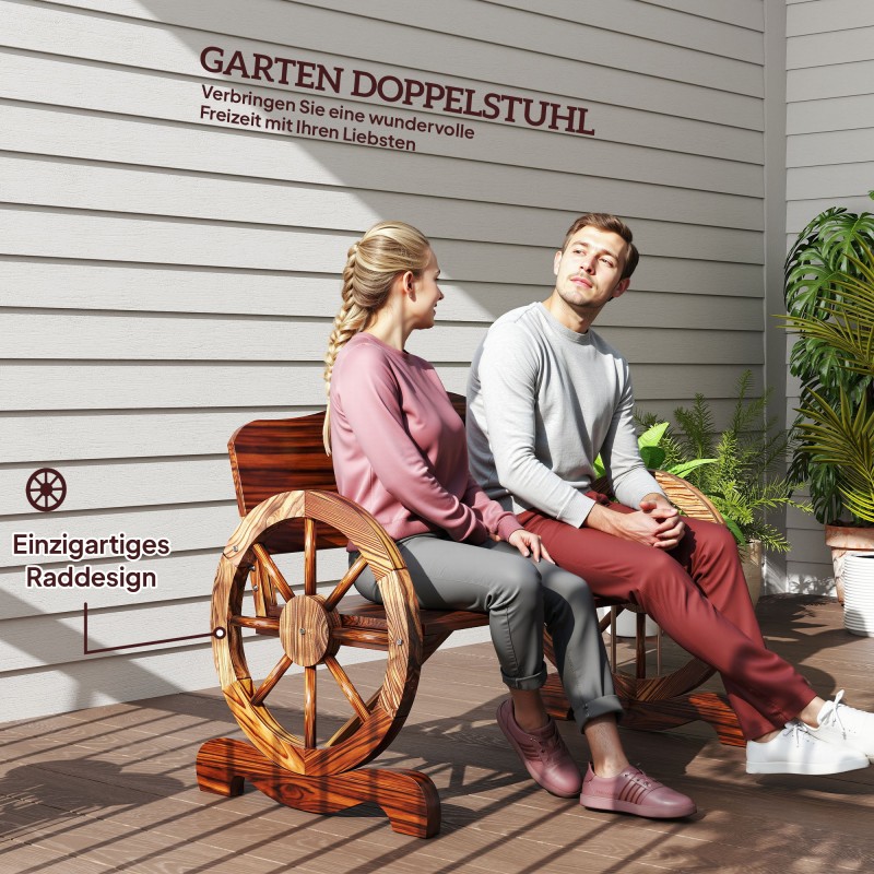 Kahden hengen puinen puutarhapenkki ulkokäyttöön, kuusipuu 110 cm, hiillytetty ruskea