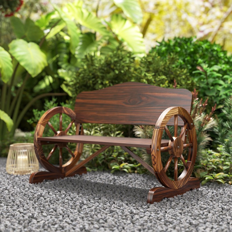 Kahden hengen puinen puutarhapenkki ulkokäyttöön, kuusipuu 110 cm, hiillytetty ruskea