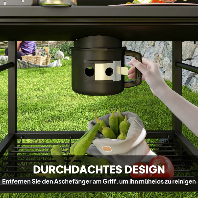 Hiiligrilli teräs kannella lämpömittarilla ja pyörillä 114 x 65 x 95 cm musta