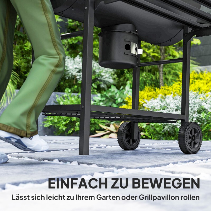 Hiiligrilli teräs kannella lämpömittarilla ja pyörillä 114 x 65 x 95 cm musta