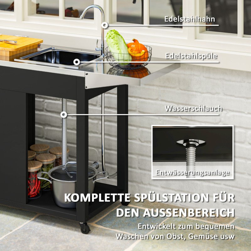 Ulkokeittiön vaunu pesualtaalla ja kaapilla, ruostumaton teräs, 162,5x47x87 cm, musta