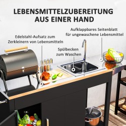 Ulkokeittiön vaunu pesualtaalla ja kaapilla, ruostumaton teräs, 162,5x47x87 cm, musta