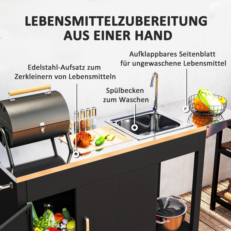 Ulkokeittiön vaunu pesualtaalla ja kaapilla, ruostumaton teräs, 162,5x47x87 cm, musta