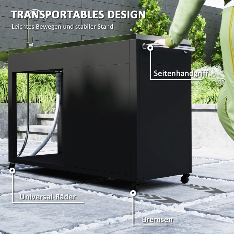 Ulkokeittiön vaunu pesualtaalla ja kaapilla, ruostumaton teräs, 162,5x47x87 cm, musta