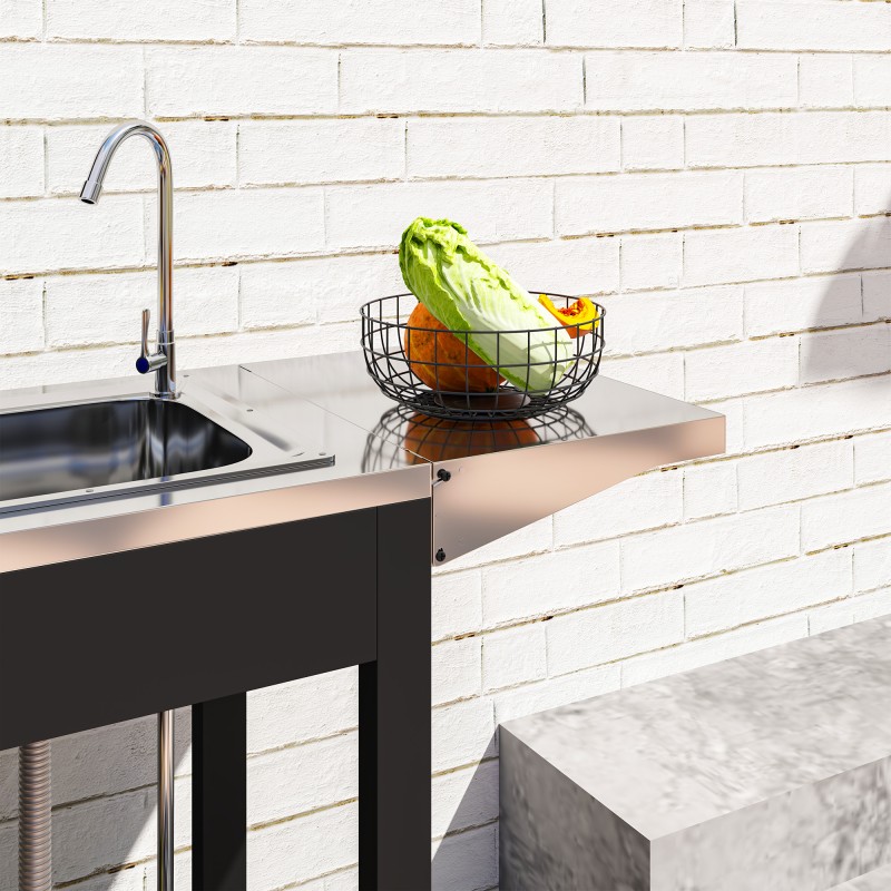 Ulkokeittiön vaunu pesualtaalla ja kaapilla, ruostumaton teräs, 162,5x47x87 cm, musta