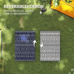 Ulkoma﻿tto ulkokäyttöön, säänkestävä polypropeeni 182 x 274 cm, kaksipuolinen sininen/valkoinen, boho-geometrinen