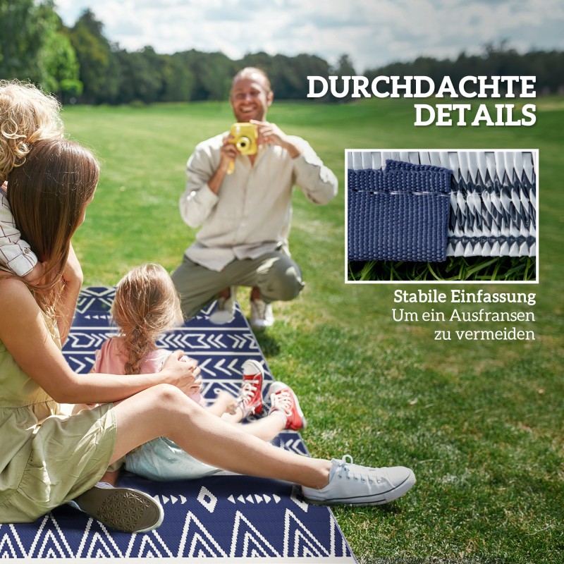 Ulkoma﻿tto ulkokäyttöön, säänkestävä polypropeeni 182 x 274 cm, kaksipuolinen sininen/valkoinen, boho-geometrinen