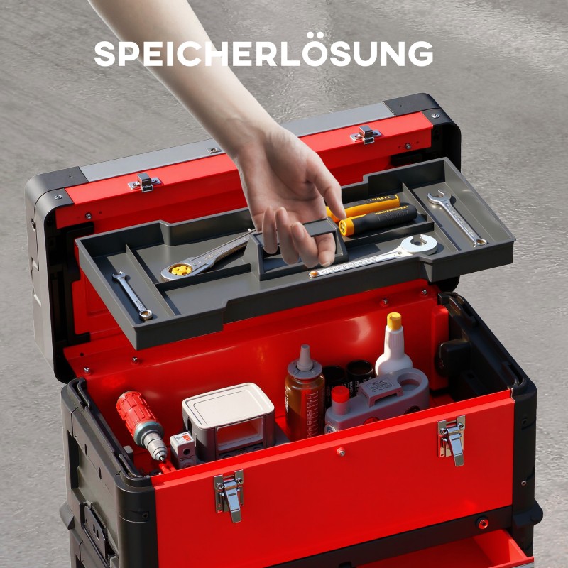 Työkalupakki 3-osainen setti pyörillä, teräs ja muovi, punainen/musta