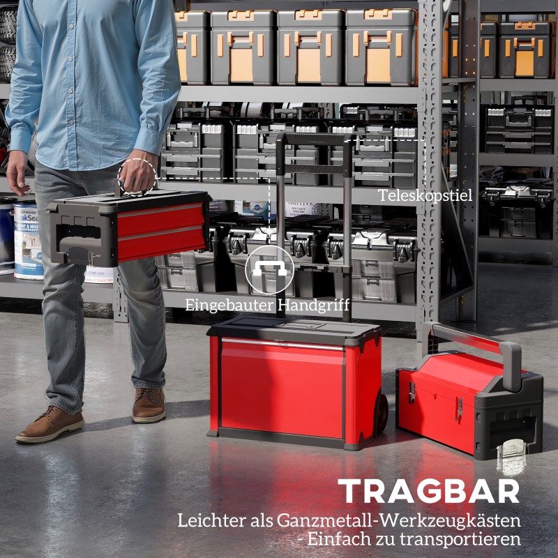 Työkalupakki 3-osainen setti pyörillä, teräs ja muovi, punainen/musta