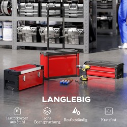 Työkalupakki 3-osainen setti pyörillä, teräs ja muovi, punainen/musta