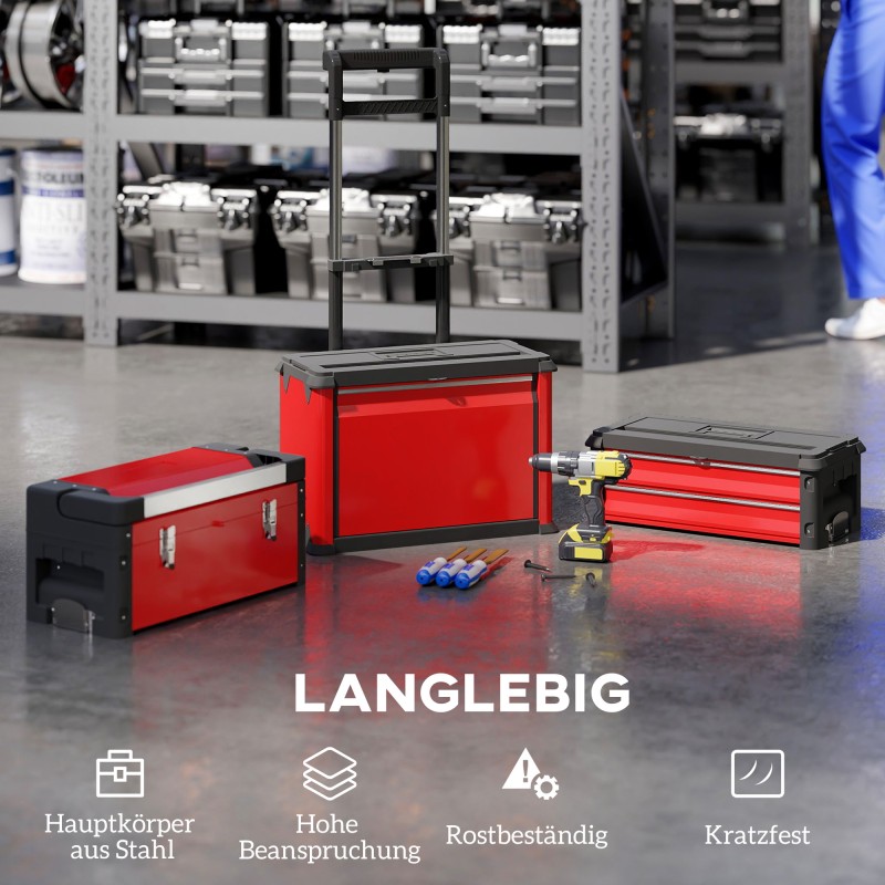 Työkalupakki 3-osainen setti pyörillä, teräs ja muovi, punainen/musta