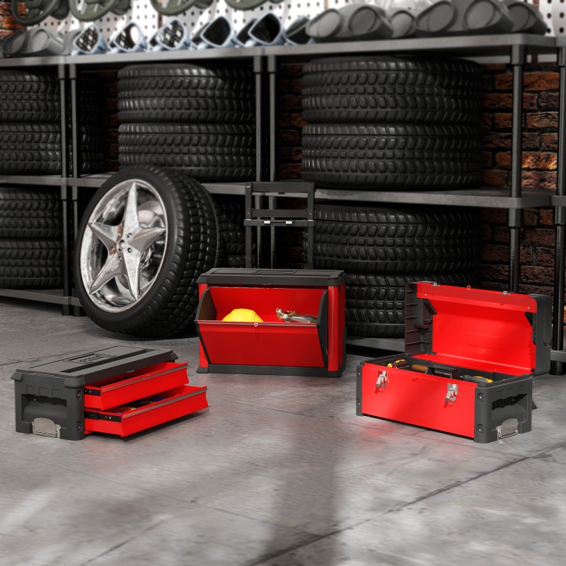 Työkalupakki 3-osainen setti pyörillä, teräs ja muovi, punainen/musta