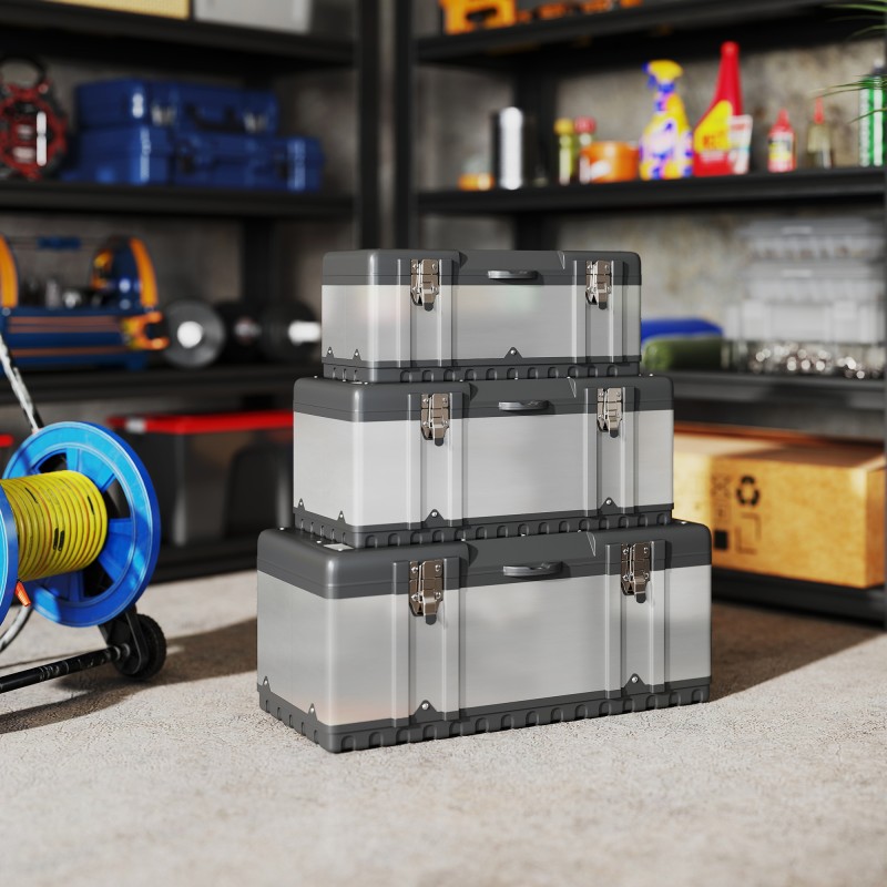 Työkalulaatikko setti 3 kpl, ruostumaton teräs ja muovi, 7/14/30 L, hopea-musta