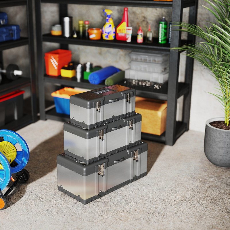 Työkalulaatikko setti 3 kpl, ruostumaton teräs ja muovi, 7/14/30 L, hopea-musta