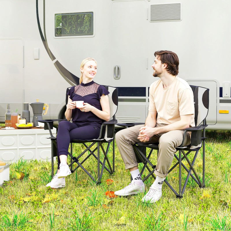 Kaksiosainen taittuva retkituolisetti käsinojilla, juomapidikkeellä ja kylmälaukulla, musta