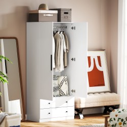 Vaatekaappi 2-ovinen MDF 79x43x180 cm valkoinen, ripustustila ja 2 laatikkoa