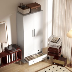 Vaatekaappi 2-ovinen MDF 79x43x180 cm valkoinen, ripustustila ja 2 laatikkoa