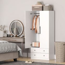 Vaatekaappi 2-ovinen MDF 79x43x180 cm valkoinen, ripustustila ja 2 laatikkoa