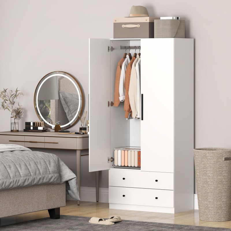 Vaatekaappi 2-ovinen MDF 79x43x180 cm valkoinen, ripustustila ja 2 laatikkoa