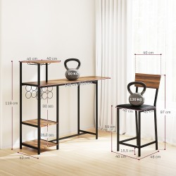 Baaripöytäsetti keittiöön, 3 osaa: säädettävä pöytä viini- ja lasihyllyillä + 2 baarituolia, ruskea/musta