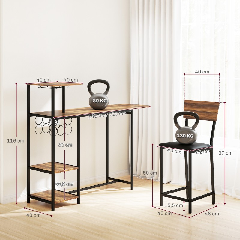 Baaripöytäsetti keittiöön, 3 osaa: säädettävä pöytä viini- ja lasihyllyillä + 2 baarituolia, ruskea/musta