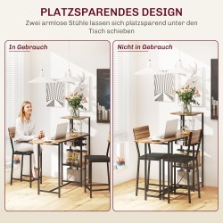 Baaripöytäsetti keittiöön, 3 osaa: säädettävä pöytä viini- ja lasihyllyillä + 2 baarituolia, ruskea/musta