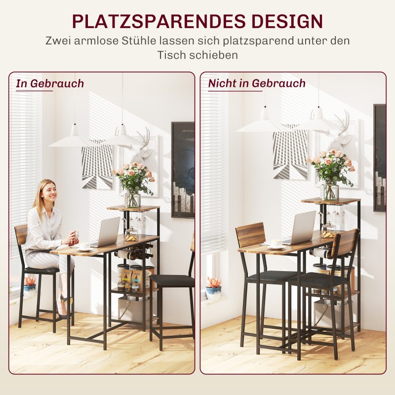 Baaripöytäsetti keittiöön, 3 osaa: säädettävä pöytä viini- ja lasihyllyillä + 2 baarituolia, ruskea/musta