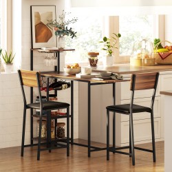 Baaripöytäsetti keittiöön, 3 osaa: säädettävä pöytä viini- ja lasihyllyillä + 2 baarituolia, ruskea/musta