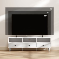 TV-taso 75” televisiolle, lastulevy, 140 x 34 x 45 cm, valkoinen, 3 hyllyä ja 3 laatikkoa