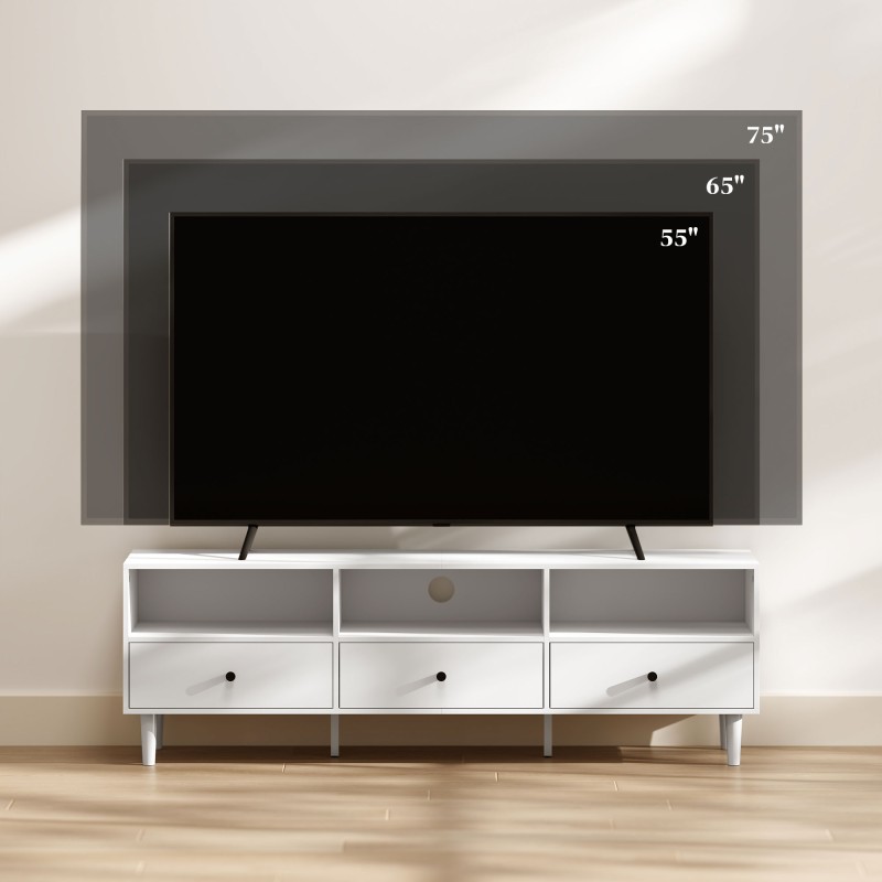 TV-taso 75” televisiolle, lastulevy, 140 x 34 x 45 cm, valkoinen, 3 hyllyä ja 3 laatikkoa