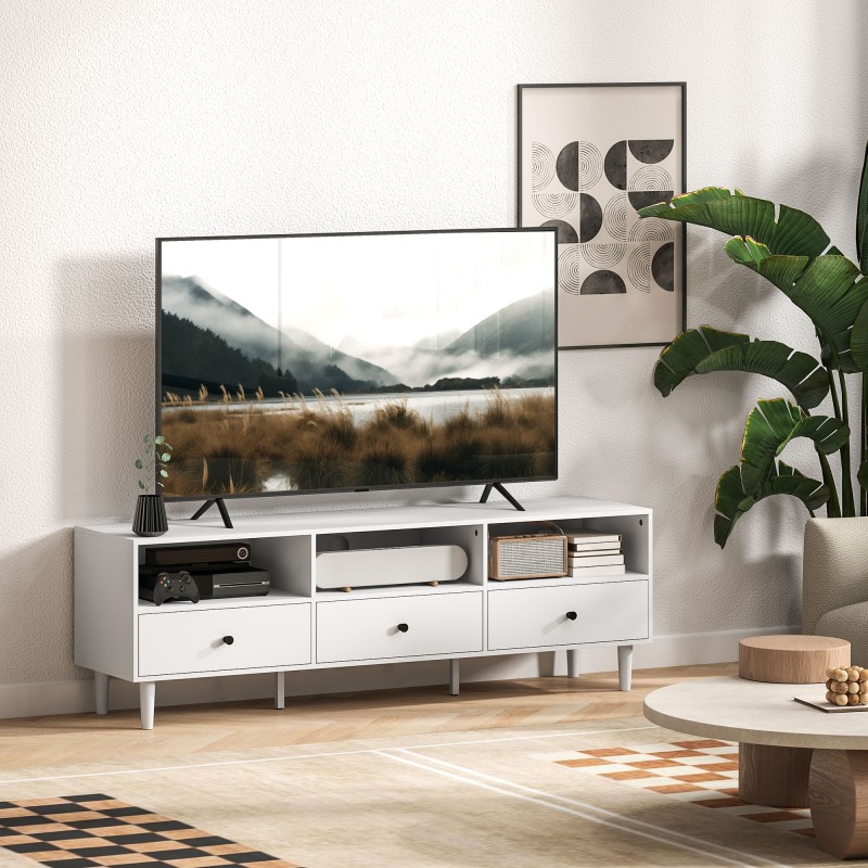 TV-taso 75” televisiolle, lastulevy, 140 x 34 x 45 cm, valkoinen, 3 hyllyä ja 3 laatikkoa