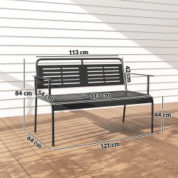 Kahden hengen puutarhapenkki, teräs, 121 x 64 x 84 cm, musta