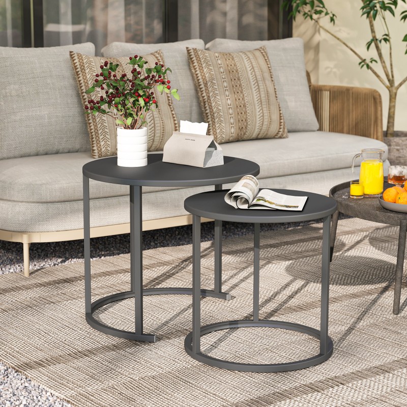 Ulkokäyttöön sivupöytäsarja 2 kpl teräs Ø60/48 cm tummanharmaa