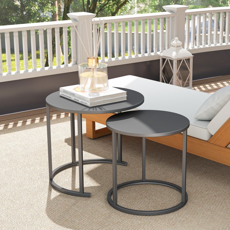 Ulkokäyttöön sivupöytäsarja 2 kpl teräs Ø60/48 cm tummanharmaa