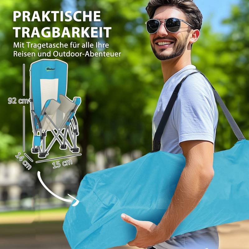 Taitettava campingtuoli ulkokäyttöön 2 kpl, juomapidike, verkkoselkänoja, max 120 kg, sininen